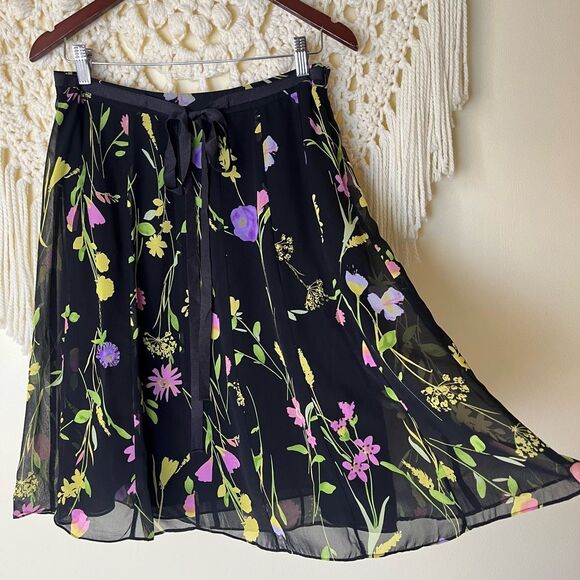 Vintage Dresses & Skirts - Vintage 90s Y2K A-Line Mini Skirt 100% Silk Black Spring Floral A-line 10